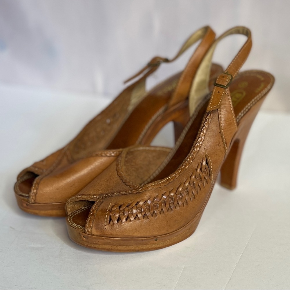 Vintage Rapallo Leather Sling Back Peep Toe Heels Size 8 - Picture 2 of 8